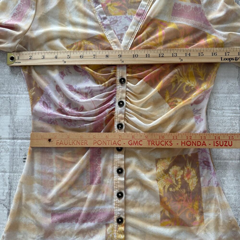Free People Lucky Mesh Shirtee Pastel Paisley Ruched Boho Chic Aesthetic Sz M - Picture 9 of 10